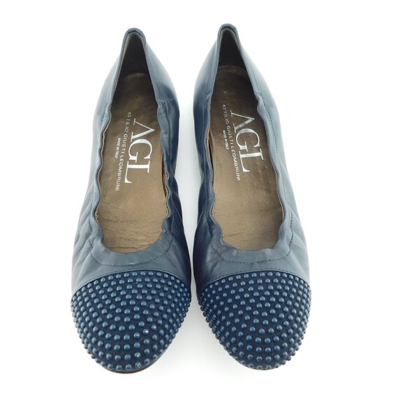 AGL Attillio Giusti Leombruni Deep Blue Studded Cap Toe Leather Ballet Flats 42 - Picture 2 of 8